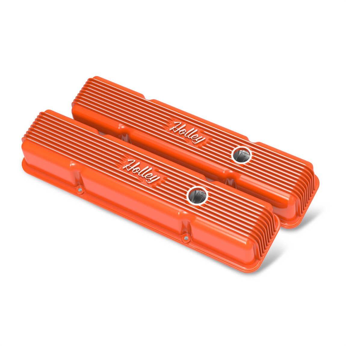 Holley 241239 Finned Valve Covers, with Emissions, SBC, Orange