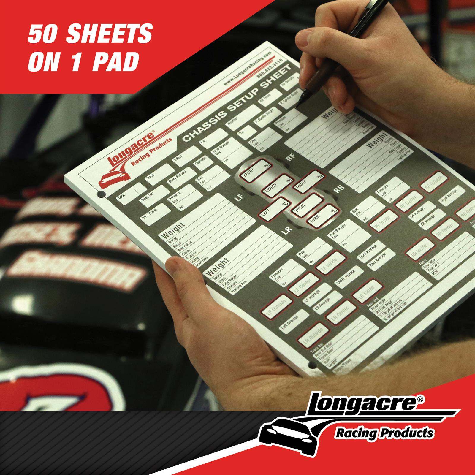 Longacre® 5222528 Chassis SetUp/Tire Chart, 1 Pad/50 Sheets