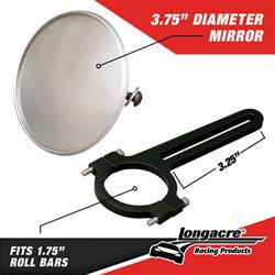 Longacre® 52-22548 Spot Mirror, Clamp On, 1-3/4 Inch Roll Bar