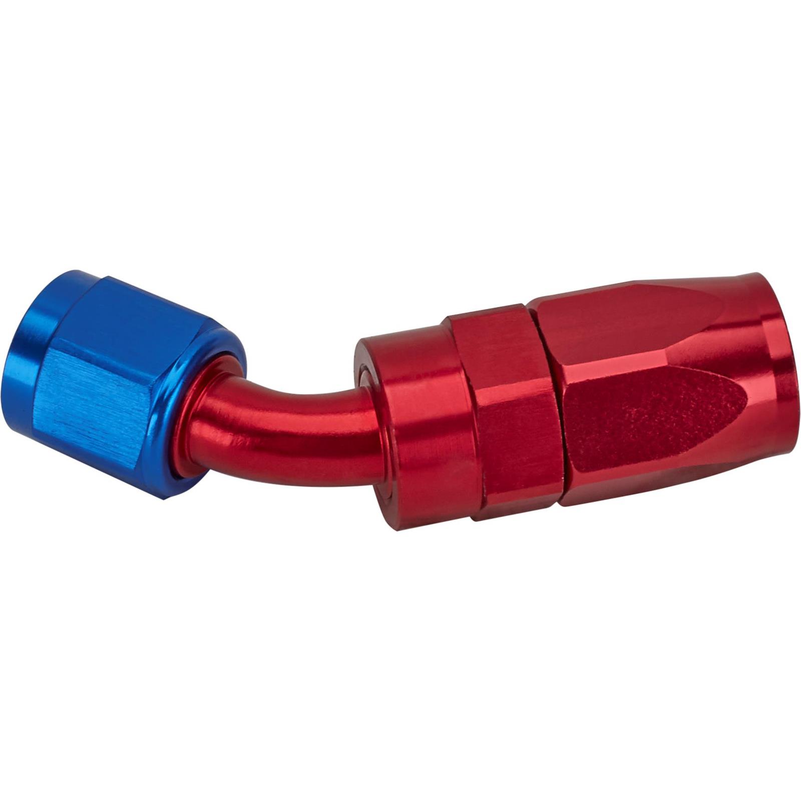 Speedway Full Flow Swivel Hose End Fitting, 45 Degree, Red/Blue, 6 AN