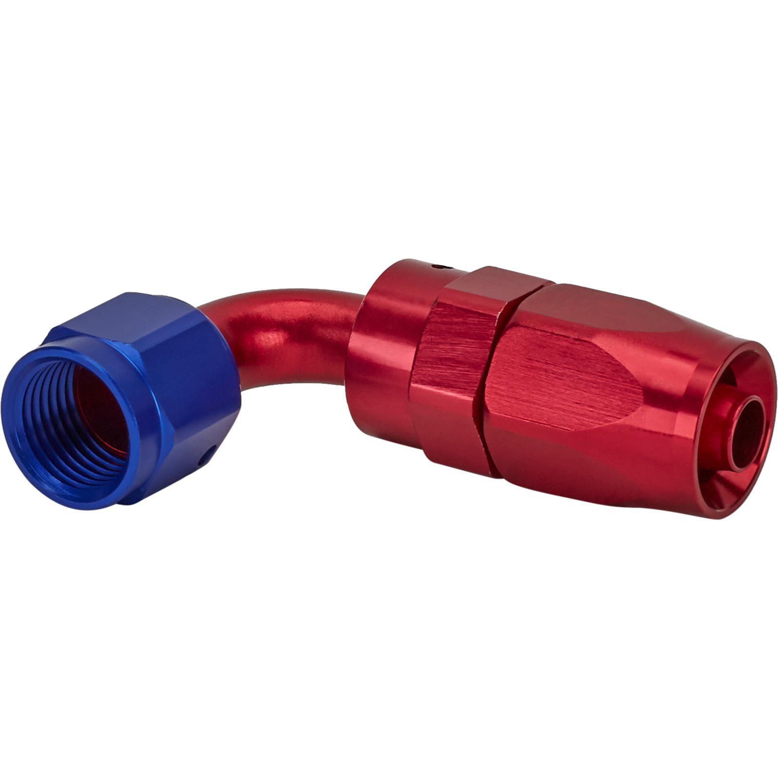 Speedway Full Flow Swivel Hose End Fitting, 90 Degree, Red/Blue, 6 AN