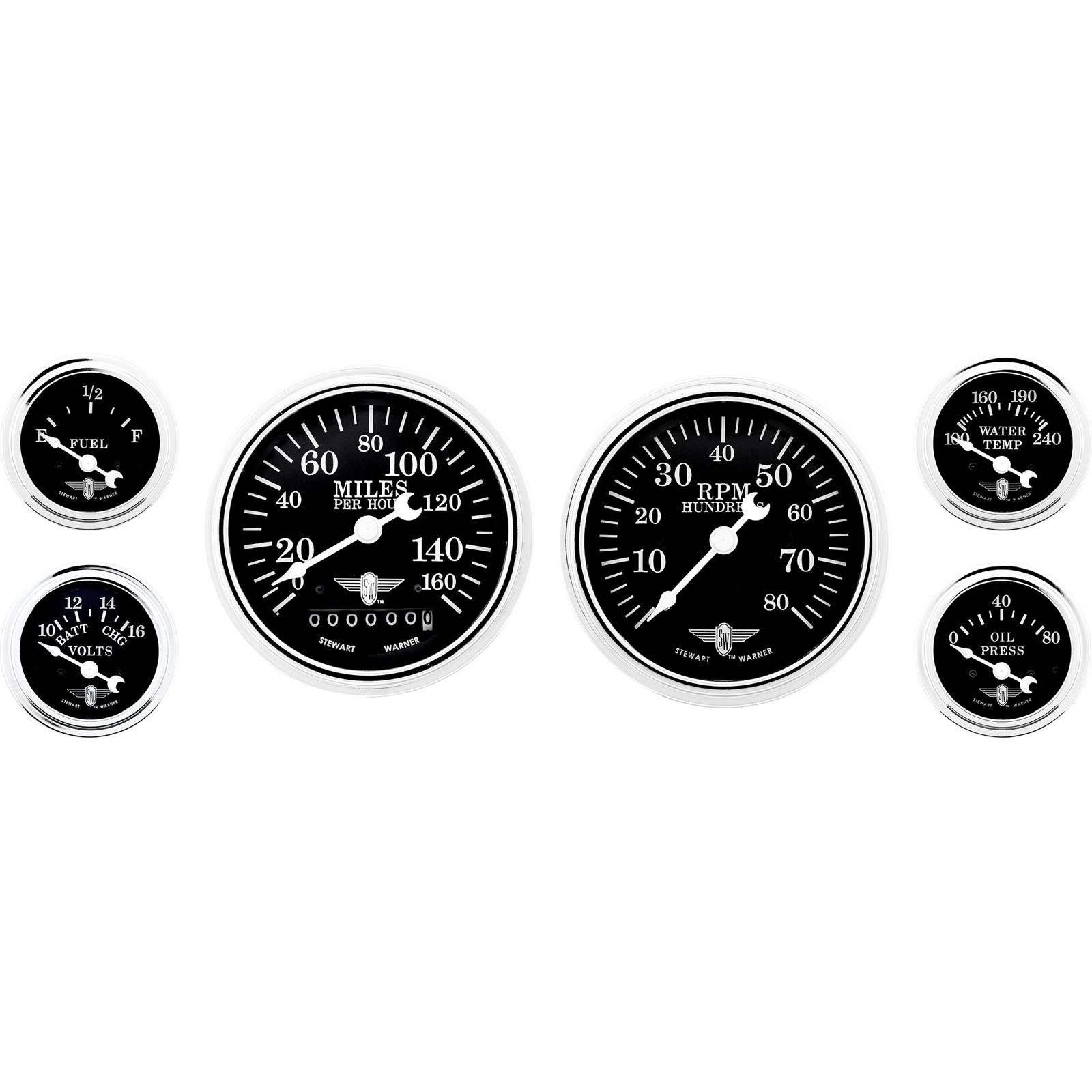 Stewart Warner 82225 Wings Six Black Gauge Set, Electric/Mechanical