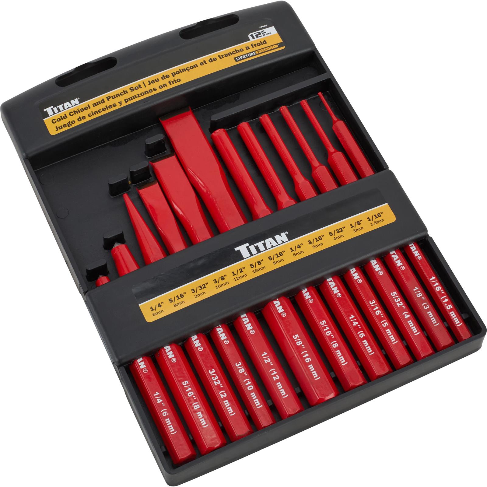 Titan 17080 12-Piece Red Powder Coated Chisel and Punch Set