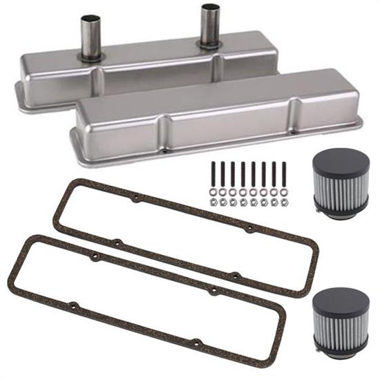 60-86 SBC Circle Track Short Valve Cover Kit, Steel, Plain
