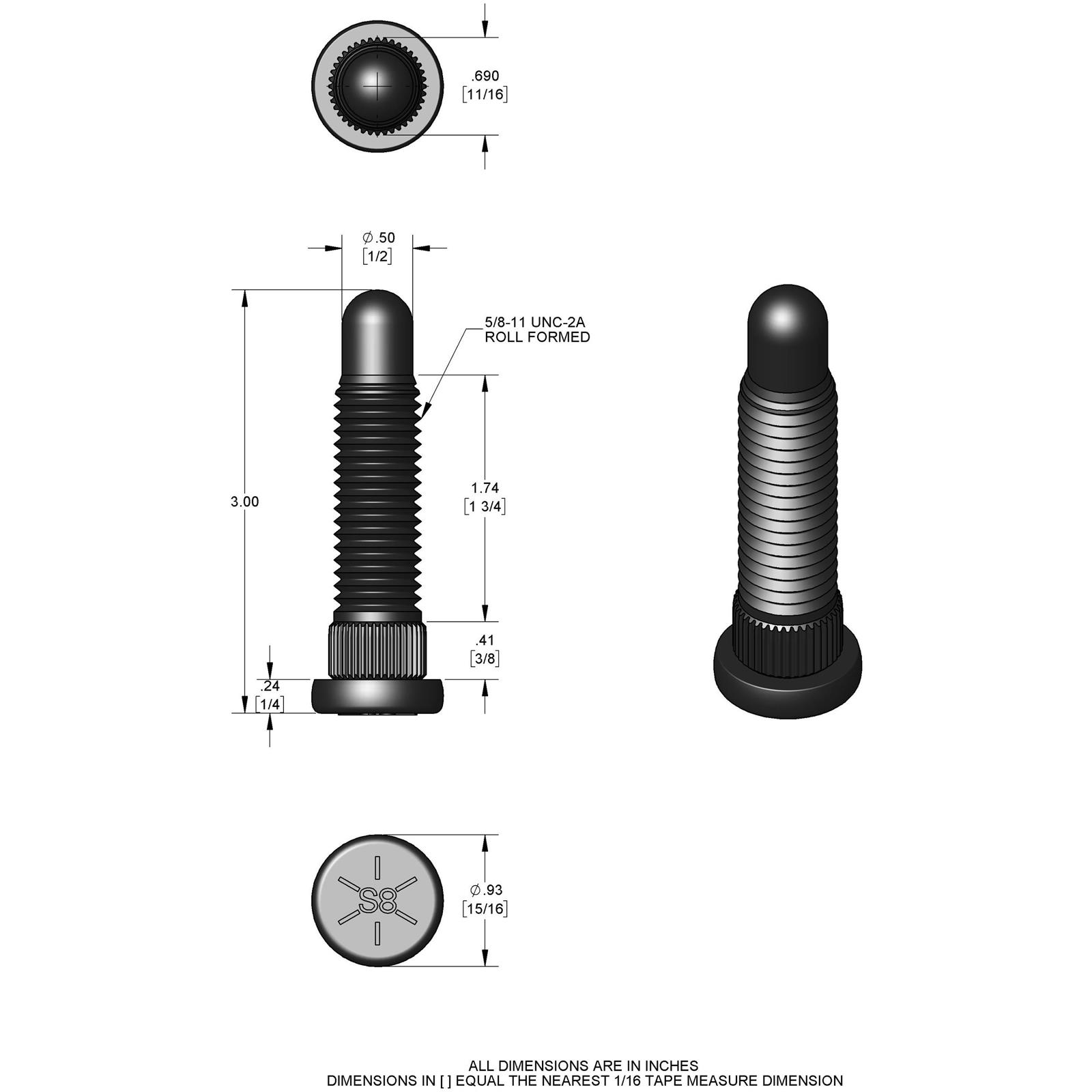 Oversize 5/8 Inch Coarse Wheel Stud Short Knurl