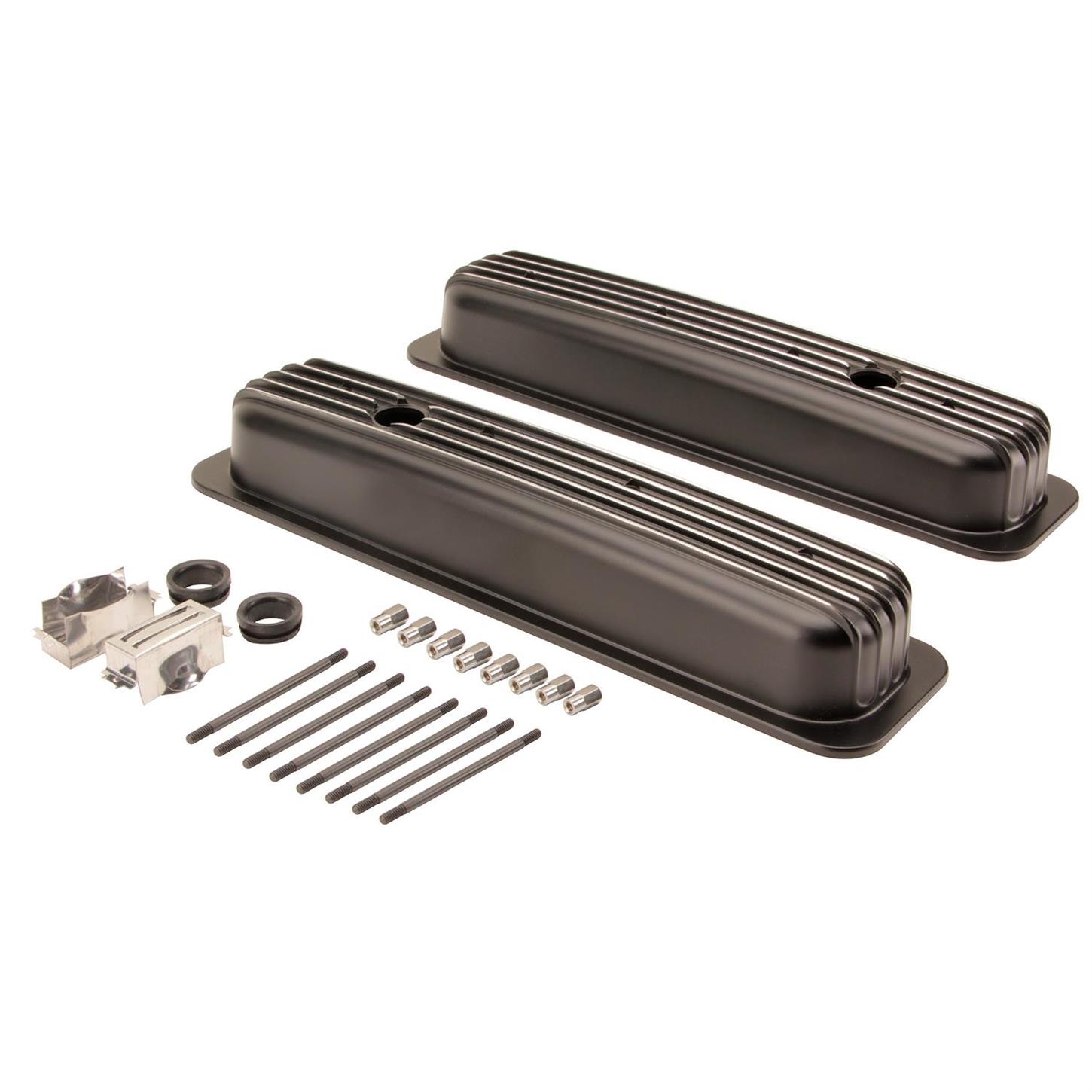 19871997 Small Block Chevy Short Finned Valve Covers, Black Aluminum