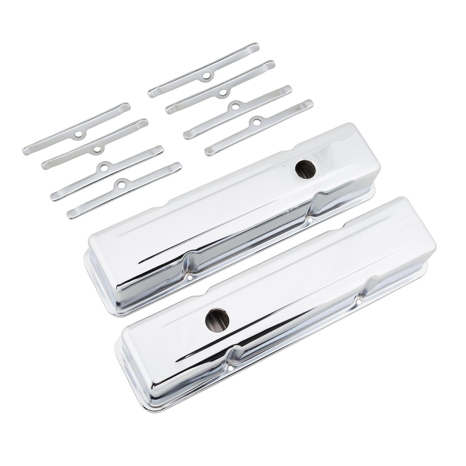 Small Block Fits Chevy Tall Chrome Valve Covers and Hold Down Clamps