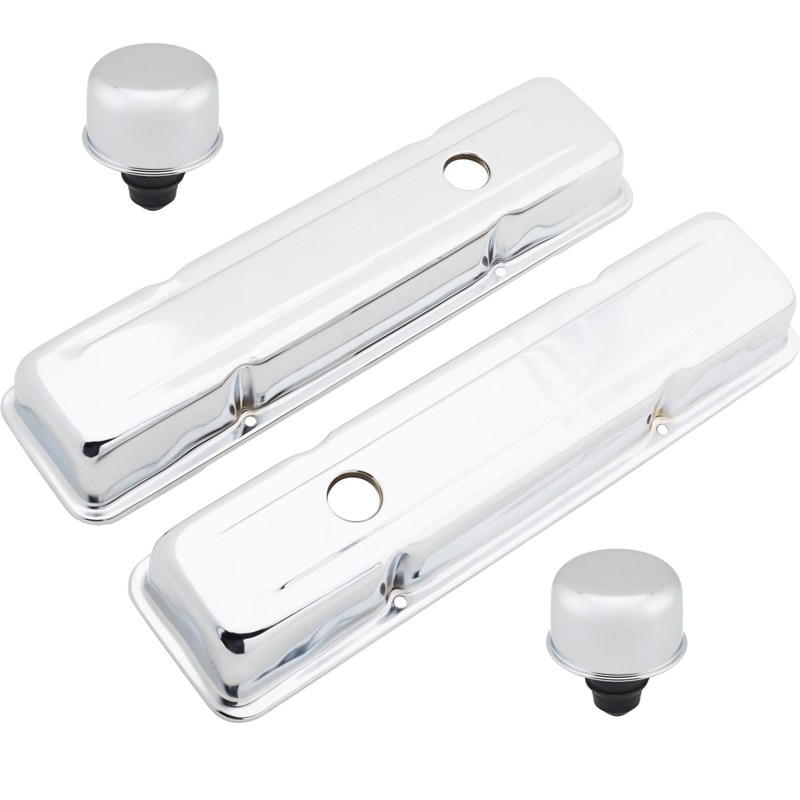 Small Block Fits Chevy Short Chrome Valve Covers & Push-In Breathers