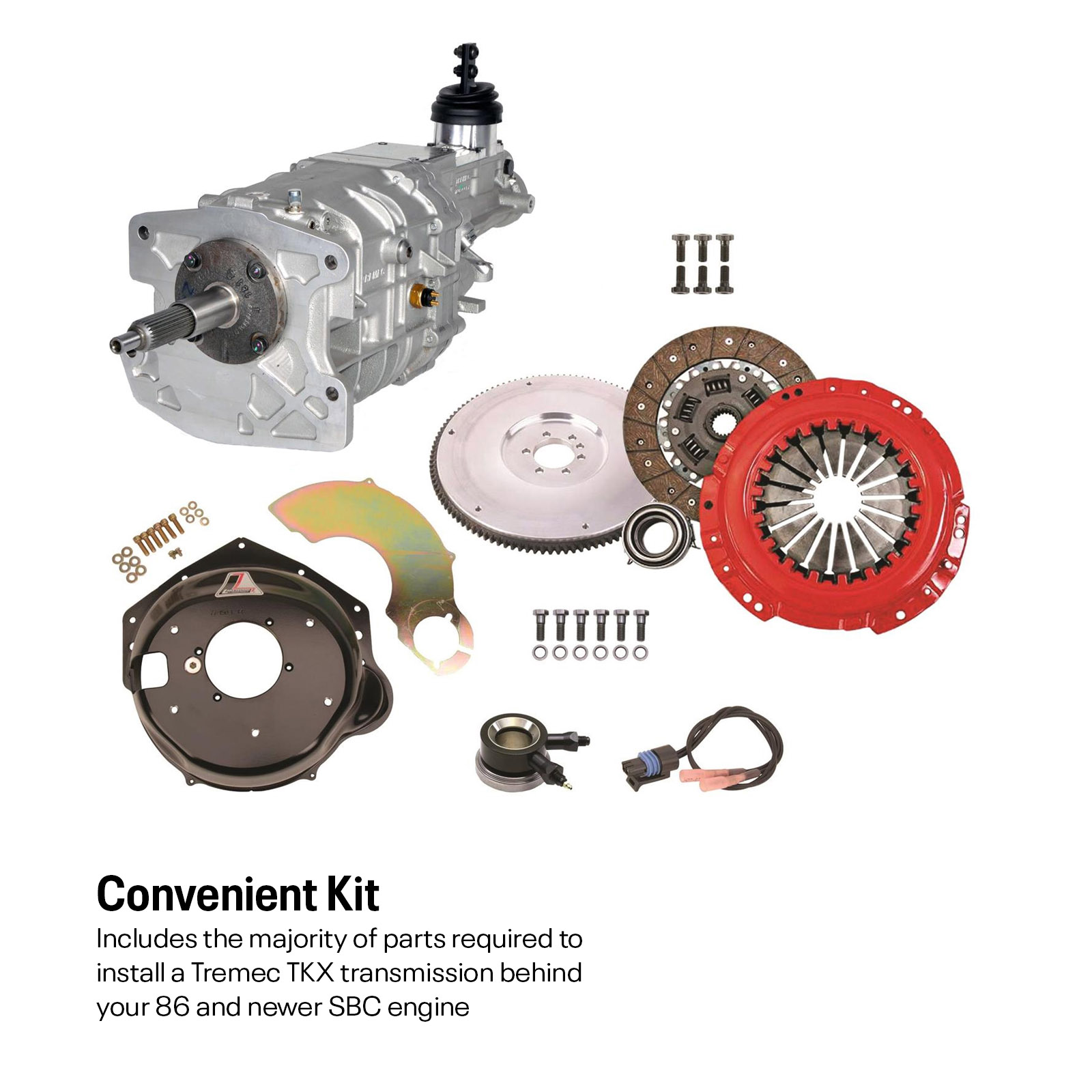 SBC 86-up Tremec TKX 5 Speed Transmission Installation Kit, 500HP