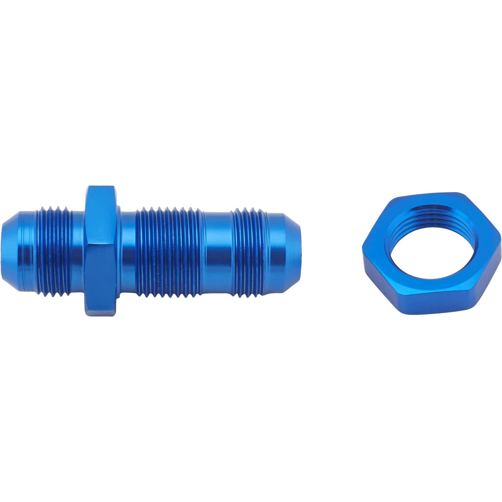 Straight Aluminum Bulkhead Flare Fitting and Jam Nut, Blue, 8AN