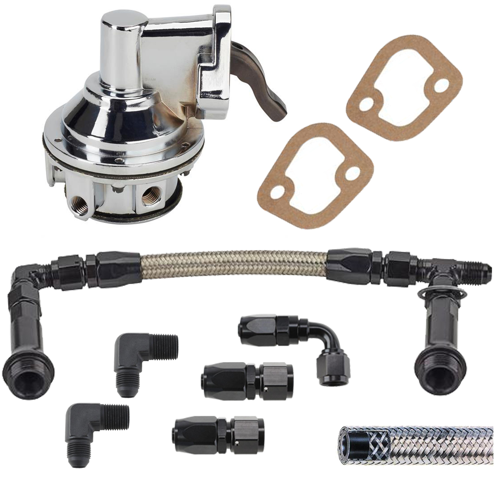 Small Block Fits Chevy 80 GPH Mech Pump/Supply Kit,4150 Log,6AN,Chrome