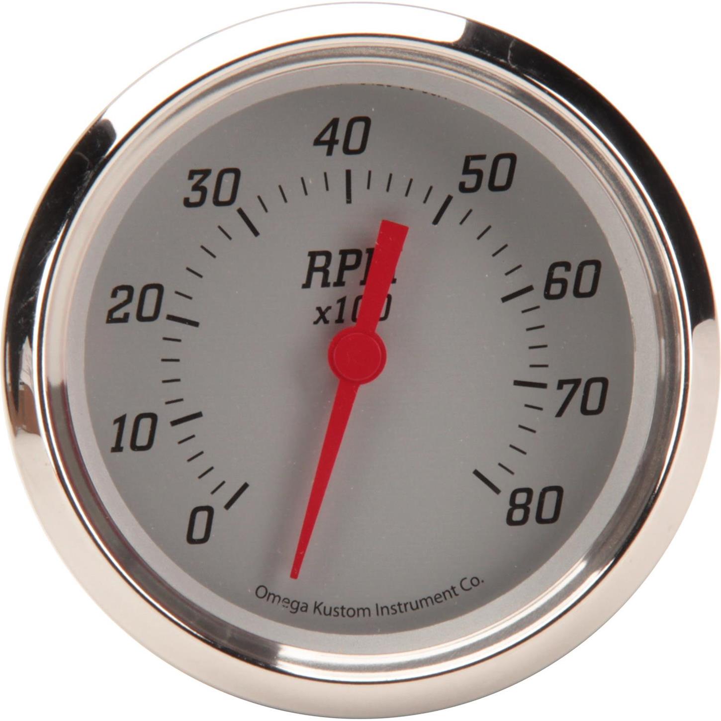 Omega Kustom 8000 RPM Tachometer Gauge, 33/8, Billet Silver