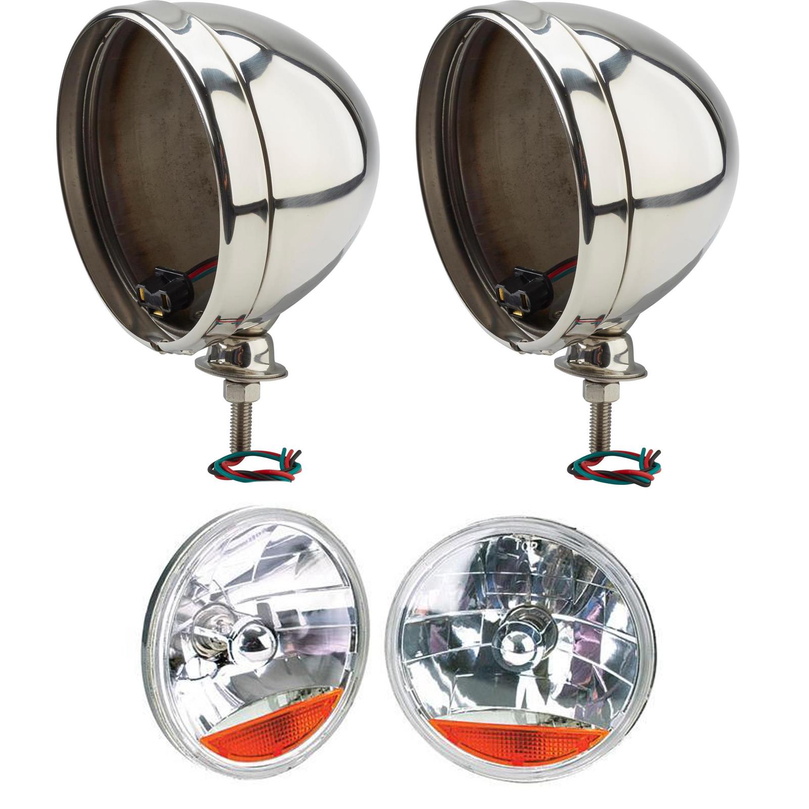 Speedway 7 Inch Fluted Headlights w/Amber Turn Signal, Stainless