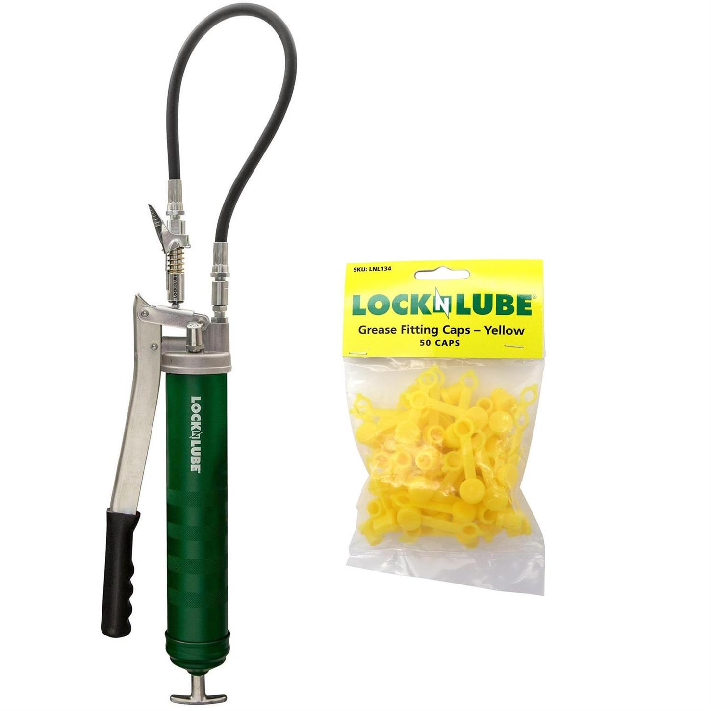 LockNLube Lever Grip Heavy Duty Grease Gun With 50 Fitting Caps