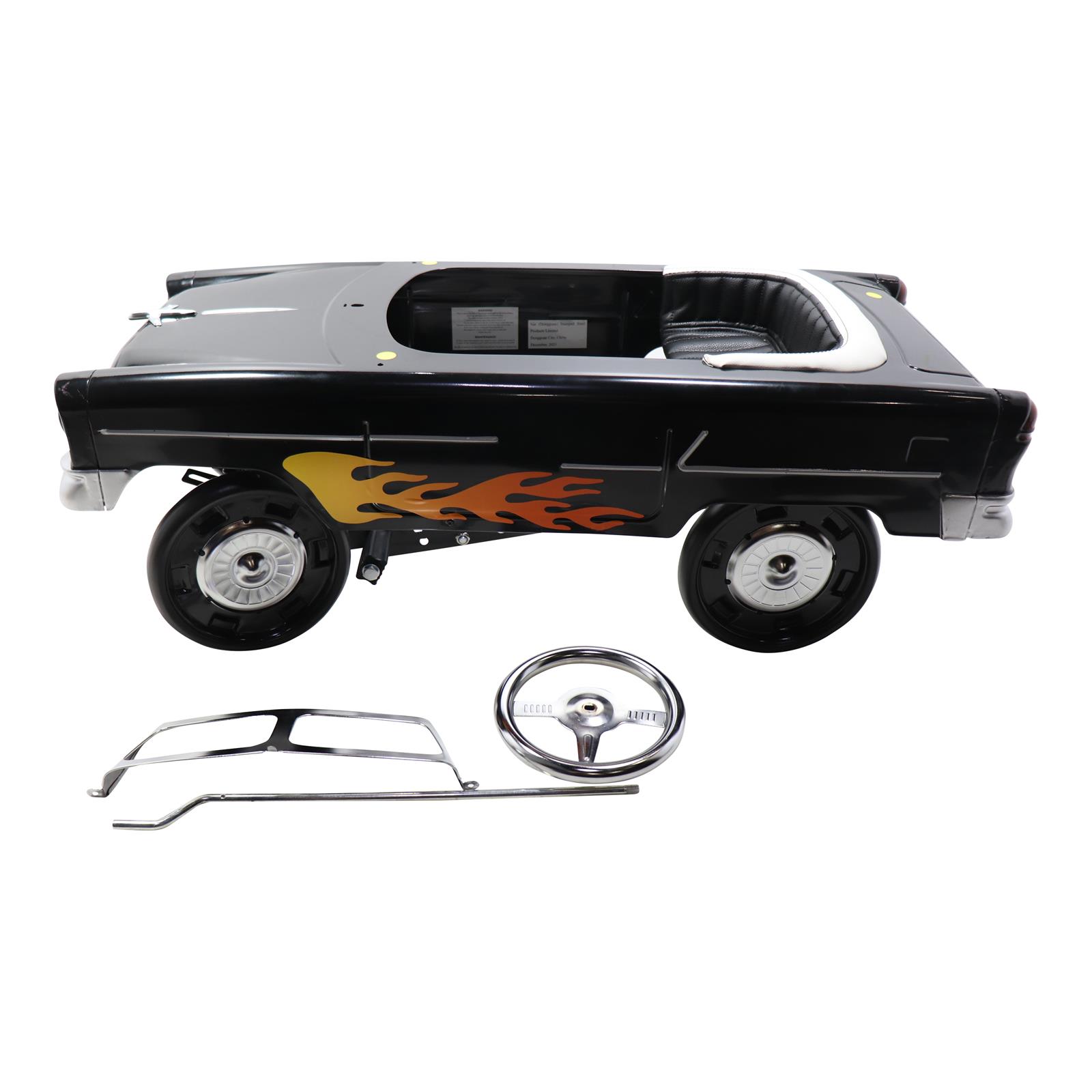 Retro TriFive 1955 Chevy Steel Metal Pedal Car, Black w/Flames